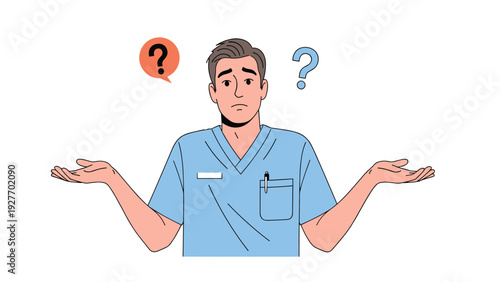 Male nurse wearing blue scrubs shrugging with a confused look and question marks in speech bubbles on a white background.