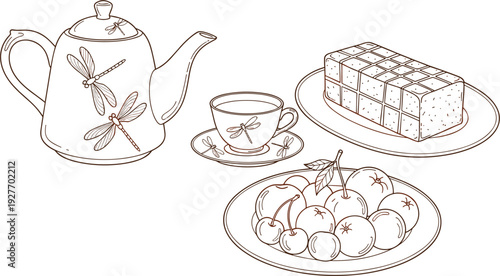  Minimalist Line Art Tea Time Still Life Vector Illustration with Dragonfly Teapot Cup Cake and Apples for Cafe Menu Cozy Lifestyle and Autumn