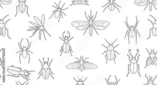 Insect outline icons vector set with beetles spiders dragonflies and bugs hand drawn line art collection