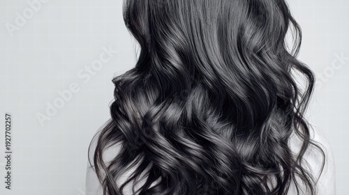 Woman's luxurious, flowing black hair against a soft, neutral background.