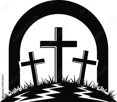 Three crosses under an arch on a hill