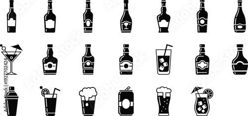 Alcohol drink icons vector set with bottles cocktails beer and bar beverage silhouettes collection