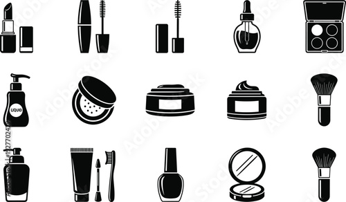 Makeup cosmetics icons vector set with lipstick mascara powder and beauty products silhouette collection