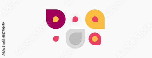 Abstract graphic depicts stylized faces. Shapes suggest eyes, noses, mouths. Colors include pink, orange, gray. Minimalist design, simple forms.
