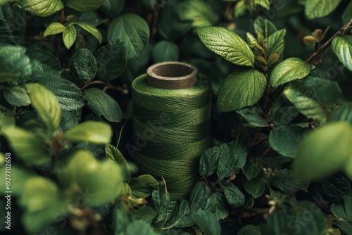 Green thread spool among fresh leaves