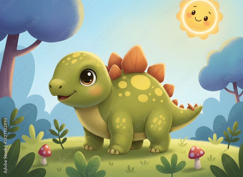 Naklejka premium Baby Stegosaurus Cartoon, Cute Dinosaur Illustration, Prehistoric Animal for Kids