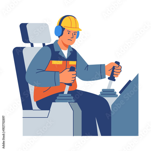 Man in hard hat and safety vest operating heavy machinery with joysticks, focused on control panel.