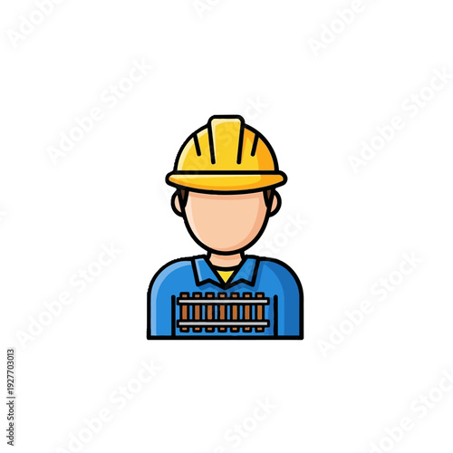 A cartoon icon of a railway worker wearing a hard hat and blue uniform with tracks on the chest.