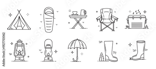 A collection of essential outdoor and camping activity icons for travel brochures, recreational guides, adventure planning resources, and journey website graphics.