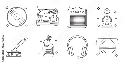 Diverse collection of outline vector icons depicting music playing equipment, cleaning supplies, headset, and sofa for web interface and mobile application development
