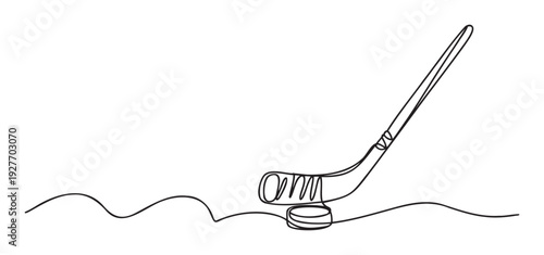 Dynamic single line drawing of an ice hockey stick and puck, ideal for sports branding, athletic event advertisements, or graphic representations of winter sports activities.