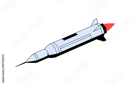 Rocket, spacecraft with jet engine flies in cosmos. Modern spaceship, shuttle is in flight. Space ship is flying in universe travel, galaxy trip. Flat isolated vector illustration on white background
