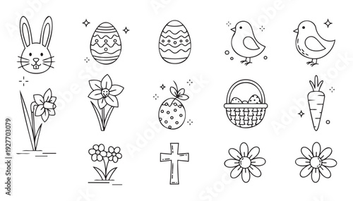 Set of festive Easter and cheerful spring holiday line icons featuring a rabbit, decorated eggs, baby birds, blossoming flowers, a cross, and a basket for seasonal designs and celebrations