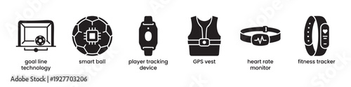 Sports technology icons featuring goal line system, smart ball, player tracking device, GPS vest, heart rate monitor, and fitness tracker for athletic training and performance analysis