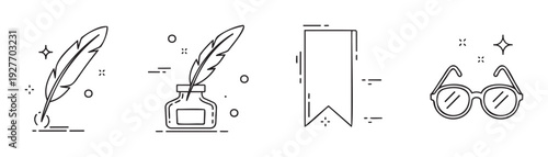 Black and white line icons representing writing and reading tools like a feather quill, inkwell, bookmark, and glasses, perfect for educational resources, stationery, or literary themed