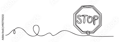 Simple continuous line art illustrating an octagonal stop sign with the word STOP, representing interruption or a boundary, ideal for traffic safety and informational graphics