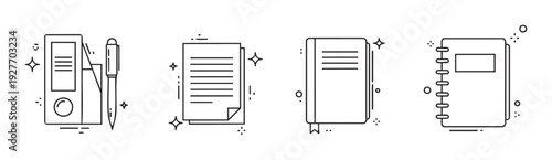 Collection of modern line icons representing office supplies documents and books ideal for business education and daily organization web designs