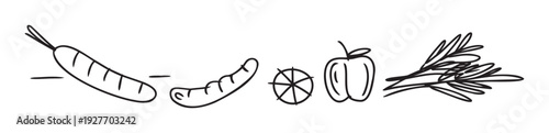Simple black outline drawing of various food items including sausages, bell pepper, citrus slice, and herbs for use in culinarythemed projects and healthy recipe illustrations.