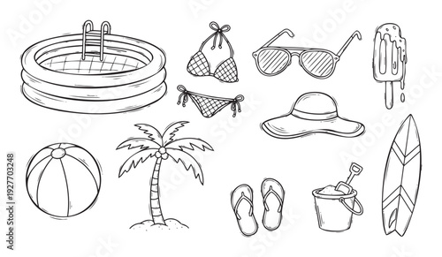 A collection of handdrawn summer vacation items including a pool, bikini, sunglasses, and beach accessories perfect for holiday promotions and travelthemed projects.