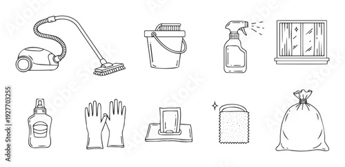 Collection of essential household cleaning tools and equipment icons perfect for home maintenance tasks and domestic service promotions