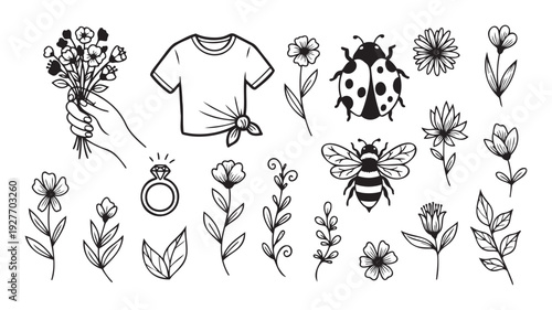 Hand drawn nature doodles featuring a floral bouquet, tshirt, ladybug, bee, assorted botanicals, and a diamond ring perfect for apparel and craft projects