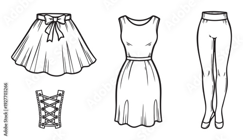 Collection of womens apparel including a flared skirt, sleeveless dress, leggings, and a laced corset, perfect for garment design, clothing concepts, or basic wardrobe representation for