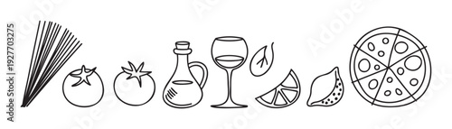 Hand drawn outline collection of essential Italian food and drink items like spaghetti, tomatoes, olive oil, wine, lemon, and pizza, great for culinary graphics and restaurant branding