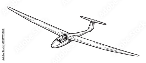 Black and white line drawing of a sleek glider with a pilot in the cockpit, suitable for aviation enthusiasts, educational materials, and historical flight documents.