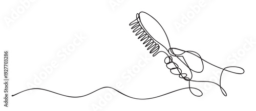 A continuous single line drawing depicts a human hand holding a hairbrush, symbolizing personal care and beauty routines, perfect for health, wellness, and grooming related content.