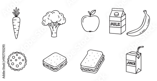 Simple outline drawings of various food and drink items including vegetables, fruits, dairy, and sandwiches, perfect for educational materials, recipe books, or healthy eating promotions