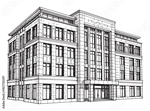 Architectural drawing of a multistory office building with detailed windows and prominent entrance ideal for urban planning, real estate, or construction industry presentations.