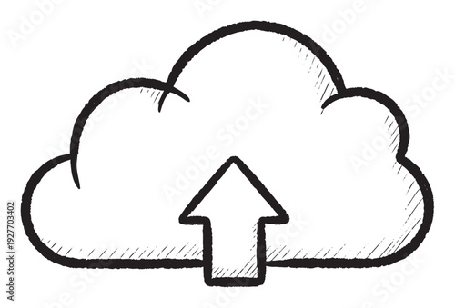Sketchy handdrawn cloud symbol with an upward arrow indicating data transfer or file upload to a remote server for technology applications and online services