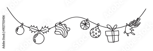 A charming line drawing of a festive holiday garland adorned with various Christmas ornaments, perfect for seasonal greetings, winter celebrations, and decorative projects.