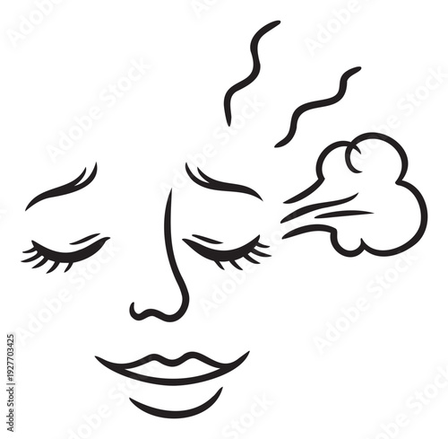 Minimalist face outline with closed eyes and a gentle smile releasing vapor representing tranquility and emotional relief ideal for stress management and mindfulness applications