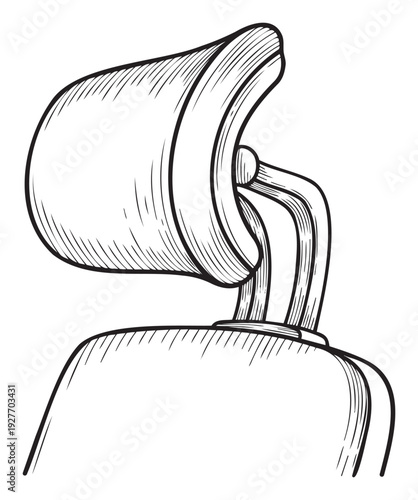 Stylized monochrome drawing of an ergonomic car seat head support mechanism, useful for instructional diagrams, conceptual vehicle interior layouts, or product development guides.