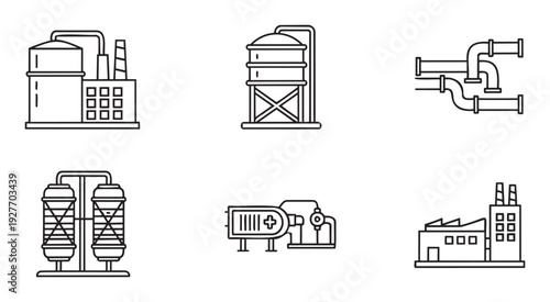 Industrial infrastructure line icons representing factories, storage tanks, piping systems, and essential production equipment ideal for illustrating engineering and manufacturing concepts
