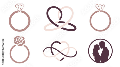 Collection of six engagement ring with various symbols and silhouettes engagement rings