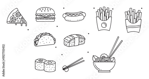 Minimalist line icons of popular fast food and Asian cuisine dishes like pizza, burgers, fries, tacos, sushi, and ramen, ideal for restaurant menus and digital ordering applications.