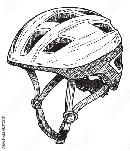 A precise hand drawn sketch illustrating a modern lightweight bicycle helmet with effective ventilation and adjustable chin straps, useful for sports safety education and cycling gear