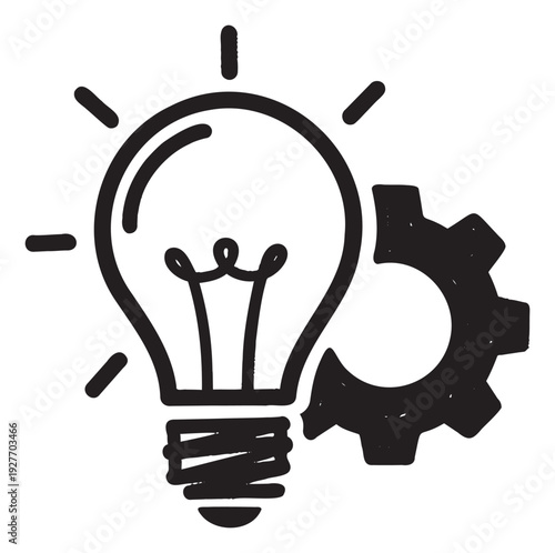 Hand drawn light bulb and gear representing creative thinking, innovation, problemsolving, and engineering solutions for business and educational concepts.