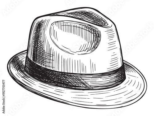 Classic fedora hat in a detailed hand drawn monochrome sketch style offering a sophisticated and timeless aesthetic for fashion or apparel themed projects and publications