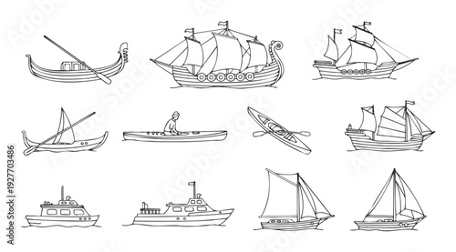 Diverse collection of water vessels including ancient sailing ships, modern motor yachts, traditional boats, and canoes, perfect for maritime travel and transport projects