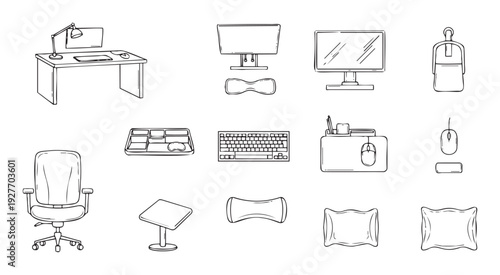 Comprehensive collection of ergonomic office equipment and computer accessories for a comfortable and productive workspace, ideal for business presentations and healthfocused content