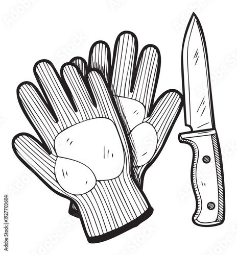 Black and white handdrawn sketch depicting a pair of protective gloves and a sharp utility knife, perfect for themes of manual labor, outdoor adventure, craftsmanship, and essential safety