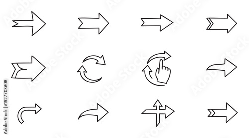 Handdrawn doodle arrow icons for navigation, direction, sharing, and refresh actions, perfect for web UI, mobile apps, or presentation graphics
