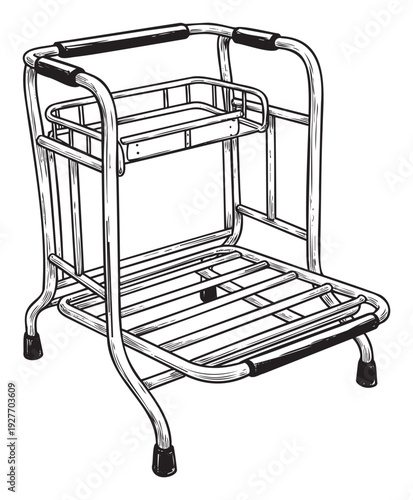 A sturdy metal walker with two convenient shelves provides mobility and serving assistance for individuals needing support, ideal for healthcare, home living, or vintagethemed projects