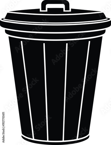 Solid black trash bin silhouette vector with lid garbage