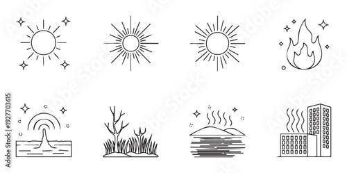 Line icons of sun, fire, geysers, dry land, steaming water, and factory pollution, useful for environmental and energy topic presentations and infographics.