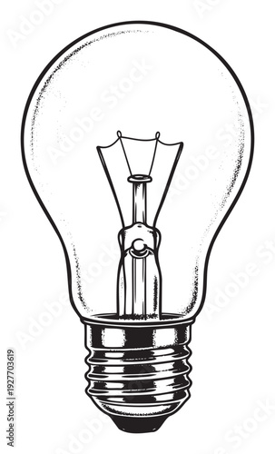 Classic incandescent lightbulb line drawing showcasing its internal filament and screw base, ideal for symbolizing bright ideas, electricity, or innovation in educational content and