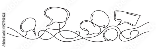 Single continuous line drawing featuring multiple dynamic speech and thought bubbles interconnected by flowing abstract lines, ideal for conveying communication, ideas, and interactive